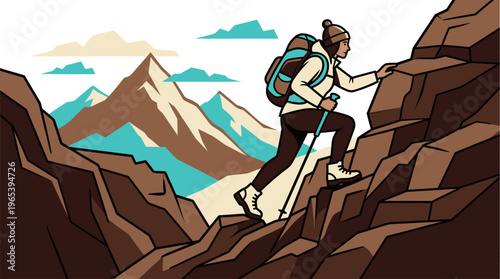 A stylized illustration of a determined woman ascending a rugged mountain, equipped with a backpack and trekking poles, against a backdrop of scenic peaks.