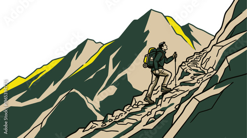 A stylized illustration shows a determined man hiking up a steep, rocky mountain path with a backpack and trekking poles, conveying adventure and achievement.