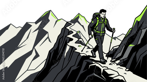 A stylized illustration of a male hiker with a backpack trekking along a narrow mountain ridge, using trekking poles for balance.
