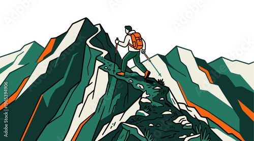 A stylized illustration depicts a lone hiker with an orange backpack and trekking poles navigating a winding path up a dramatic mountain range with a minimalist color palette.
