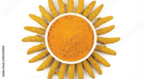 Turmeric root and powder arranged in a sunburst pattern on white background, ayurveda ingredient, spice powder, ground turmeric, cooking ingredient