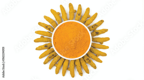 Turmeric root and powder arranged in a sunburst pattern on white background, ayurveda ingredient, spice powder, ground turmeric, cooking ingredient