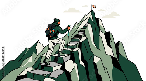 An illustrated hiker ascends a rocky mountain path with trekking poles towards a flag at the summit, symbolizing achievement and adventure.
