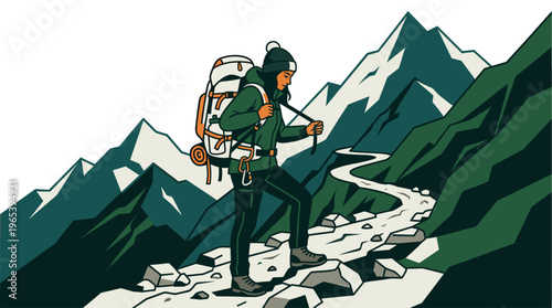 A woman with a large backpack hikes up a winding mountain path surrounded by dramatic peaks and green slopes in a bold, stylized vector illustration.