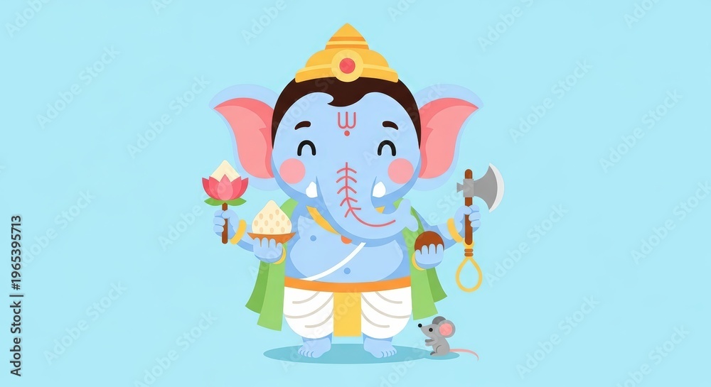 Naklejka premium Cute Cartoon Ganesha Character in Pastel Colors for Kids Friendly Festival Design