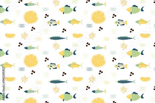 Seamless pattern with fish, lemon slices, dill, peppercorns and waves on white background, food design.