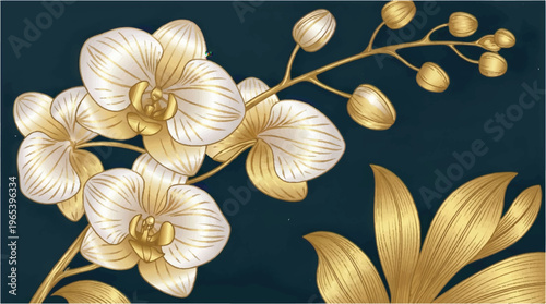 Elegant white orchid flower with gold veins, luxurious botanical illustration for premium decor and design, art nouveau, home decor, wall art