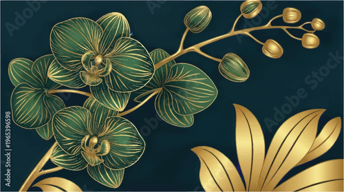 Deep green orchid flower with gold details, sophisticated botanical illustration for luxurious interior design, art nouveau, home decor, wall art