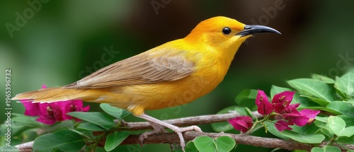 Small bird perched on a branch with pink flowers in a garden against a blurred green background filled with vibrant colors and natural beauty
