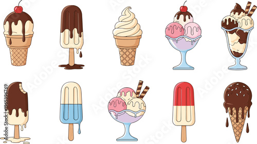 Ice Cream Dessert Set with Cones Popsicles Sundae and Chocolate Toppings in Sweet Cartoon Style for Summer Food Menu and Treat Illustration