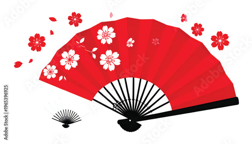 Traditional red folding fan adorned with delicate cherry blossom patterns