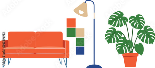 Modern interior design flat vector illustration featuring a vibrant orange sofa, minimalist blue floor lamp, and a large monstera deliciosa plant in terracotta pot.