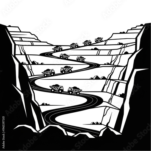 Open-Pit Mining Operation with Trucks on Winding Roads.