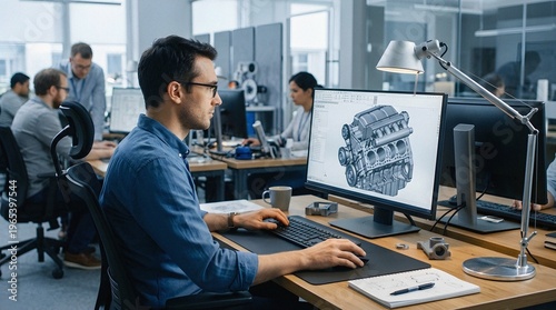 Automotive engineer designing a 3D model of a new engine on a computer in a busy research and development office.
