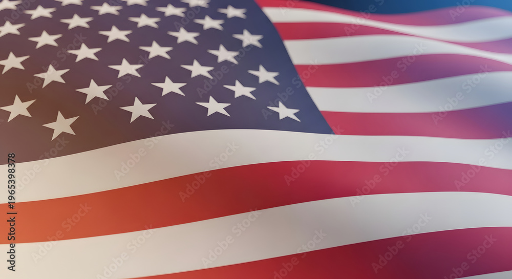 Obraz premium A high-quality close-up shot of the American flag waving gracefully in the gentle breeze, showcasing the vibrant red, white, and blue colors of the iconic Stars and Stripes in a cinematic display.