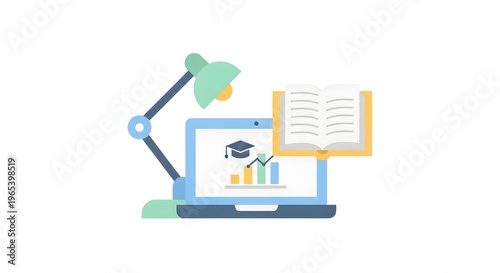 A digital learning scene featuring a laptop open book lamp and graduation cap