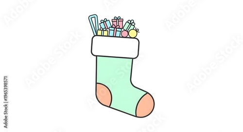 A festive illustration depicts a pale green christmas stocking overflowing with colorful gifts