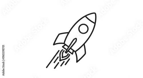 A simple black and white line drawing depicts a rocket ship in flight with flames