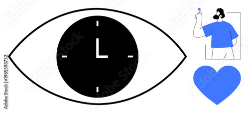Time management, vision, creativity, punctuality, health, emotions. Black eye icon with clock, person holding an object and a blue heart shape. Time management and vision concept