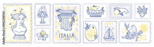 Italian summer poster with Mediterranean lemon pattern, vintage stamp frame. Italian coastal design with summer beach border, Greek column statue, lemon. Italy postcard, Amalfi seafood doodle stamp bg