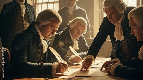 A group of men in colonial attire gathered around a table, diligently signing documents with quill pens.