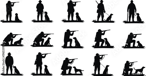 Hunter silhouettes with dogs set hunting people animals outdoor activity vector illustration isolated black collection