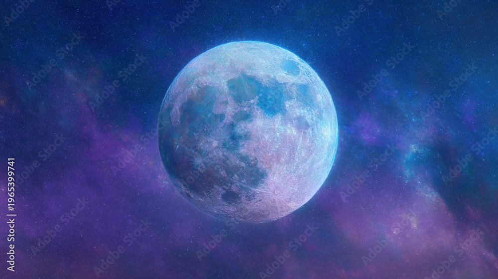 Fototapeta premium Bright moon shines in space with colorful nebula background