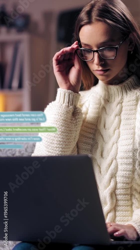 Woman types on laptop while engaging in chat with soft lighting around her. Animated chat badges.