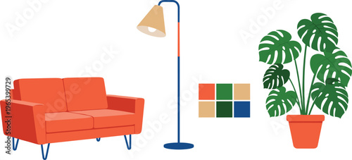 Modern interior design flat vector illustration featuring a stylish orange sofa, minimalist blue floor lamp, and a green monstera plant in a terracotta pot.