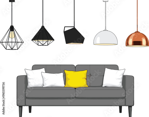 Modern living room furniture set featuring a gray sofa with colorful pillows and various stylish pendant ceiling lamps for interior home decoration vector.