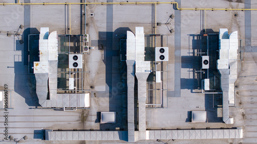 Aerial view of a large data center roof featuring advanced hvac units and comprehensive ventilation infrastructure for servers, Warsaw, Masovian Voivodeship, Poland.
