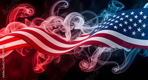 A high-resolution artistic render featuring the American flag rippling elegantly amidst swirling plumes of red, white, and blue smoke against a dark background, evoking a sense of nationalistic pride.