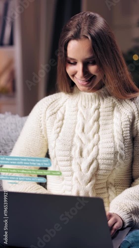 Woman smiles and types on laptop while chatting indoors during the evening. Animated chat badges.
