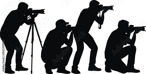 Photographers silhouettes set professional camera operators shooting photos vector illustration isolated black media production collection