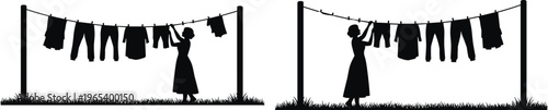Woman hanging laundry silhouettes clothesline washing drying routine vector illustration isolated black household activity design