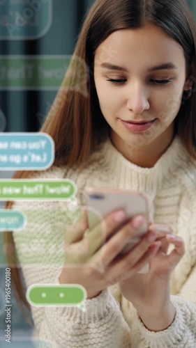 Woman smiles while chatting on smartphone in a cozy indoor setting. Animated chat badges.