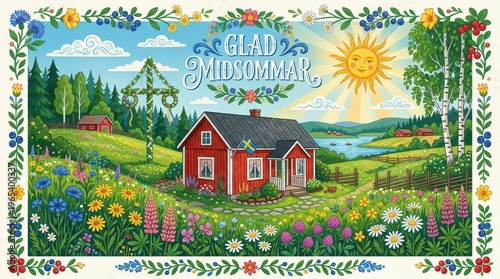 Swedish cottage surrounded by blooming flowers and greenery, stylized sun shining overhead, decorative elements framing the composition, elegant Swedish calligraphy “Glad Midsommar”