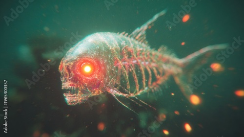 Glowing fish swims in dark water with bright eyes in underwater scene