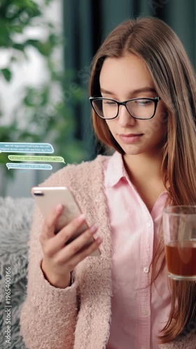 Woman is seen chatting on her smartphone while enjoying a drink indoors. Animated chat badges.
