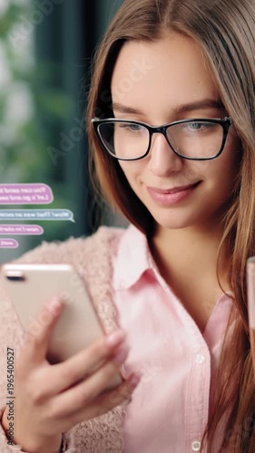 Woman smiles while chatting on smartphone in a bright indoor space with plants. Animated chat badges.