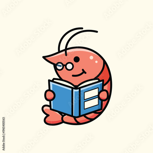 A smiling, cartoonish shrimp, wearing glasses, sits and reads a blue book against a cream-colored background. Simple, minimalist style