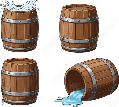 Wooden Barrel Set with Water Splash Spill and Storage Casks in Cartoon Style for Brewery Wine Cellar Storage and Rustic Container Illustration