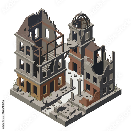 vector isometric of badly damaged buildings after the war 10