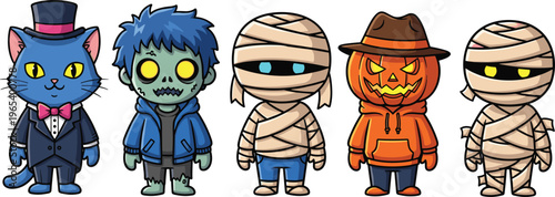 Set of five cute hand drawn spooky Halloween characters including blue cat in tuxedo zombie boy mummies and pumpkin man isolated on white background