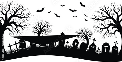 Black silhouette of a spooky Halloween graveyard with old tombstones bare trees flying bats and creepy cemetery landscape isolated on a white background