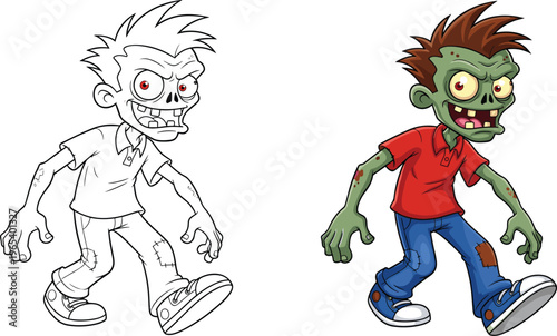 Funny Cartoon Zombie Boy Character Set with Outline and Color Versions Walking Isolated on White Background for Kids Halloween Party Design and Spooky Vector