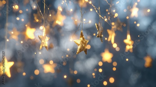 Stars hang from above in a warm light display during a festive night