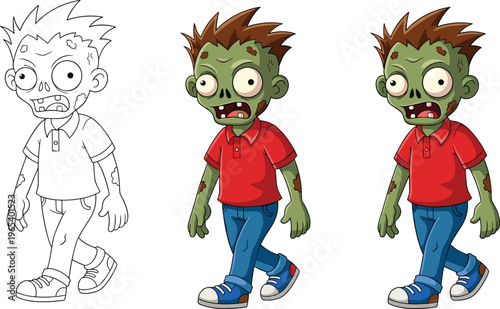Cartoon Zombie Boy Character Set with Outline and Color Versions Walking Isolated on White Background for Kids Halloween Party Design and Spooky Vector Clip-art