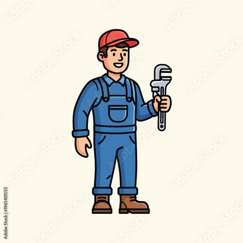 A smiling man in overalls and a cap holding a pipe wrench stands in front of a creamy background