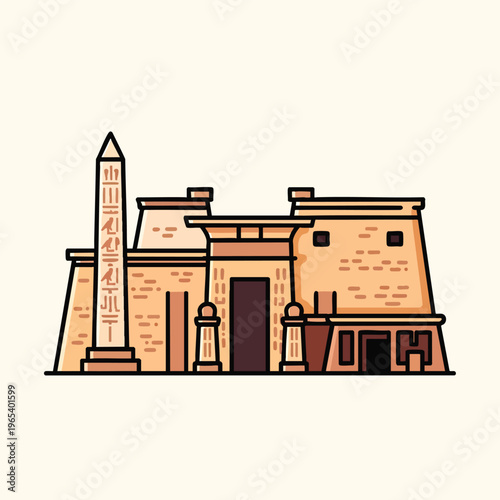 A stylized illustration of an Egyptian temple. It features a tall obelisk and various architectural elements with decorative details